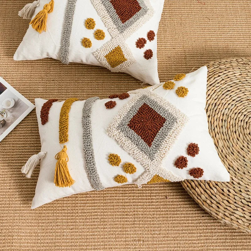 Boho Loop Tufted Tassel Pillow Cover for Home Decor by Axyaa