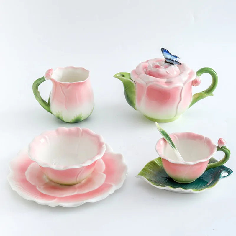 Axya Rose Ceramic Tea Set with Petaled Teapot and Butterfly Bud Cup
