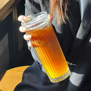 Axyaa Stripe Glass Cup with Lid and Straw, Transparent Coffee Mug, 600ML