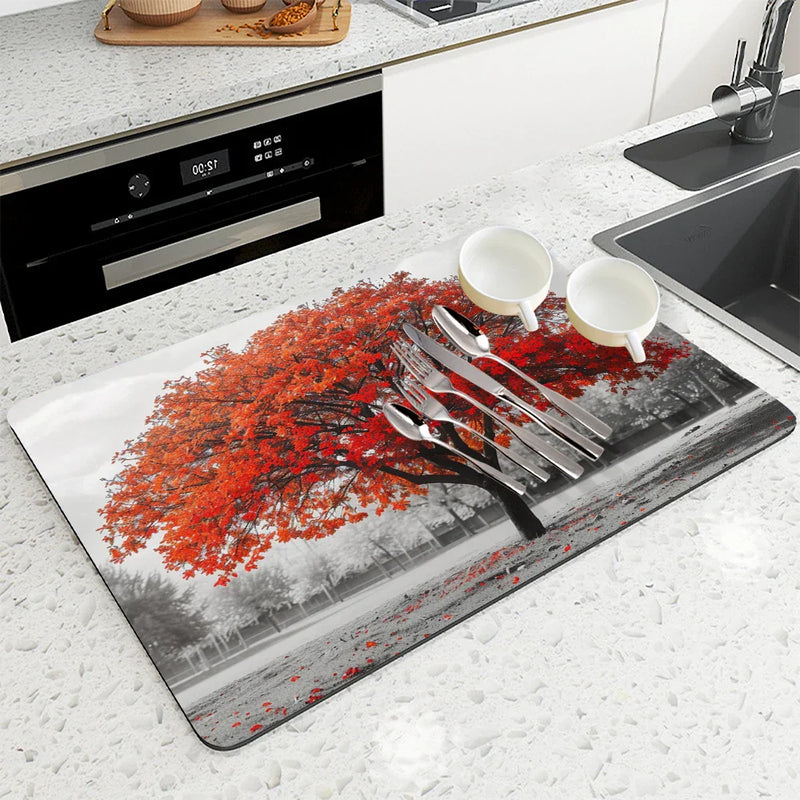 Maple Park Meadow Drying Mat by Axyaa: Non-Slip Absorbent Tableware Mat
