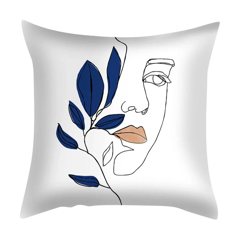 Axyaa Blue Daisy Geometric Flower Leaf Pillow Cover Square Decorative Cushion Cover