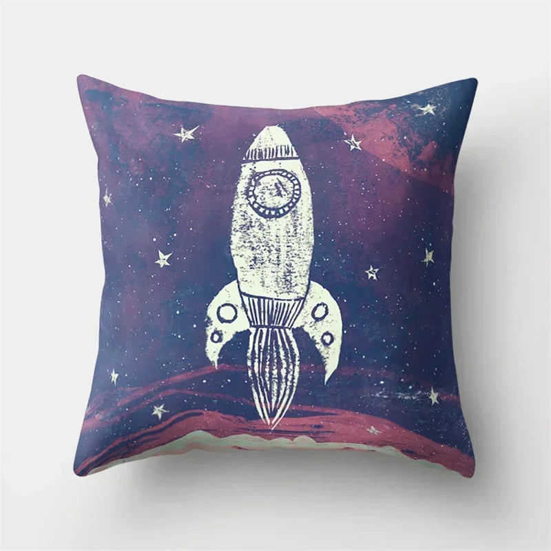 Axyaa Cartoon Star Astronaut Pillow Cover 45x45cm - Cute Moon Rocket Design.
