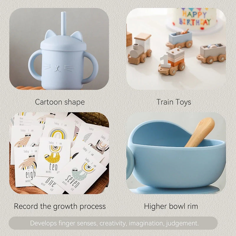 Axya Newborn Vintage Gift Box Set: Feeding Bowl, Spoon, Bib, Cup, Wooden Train Toy, Photography Prop