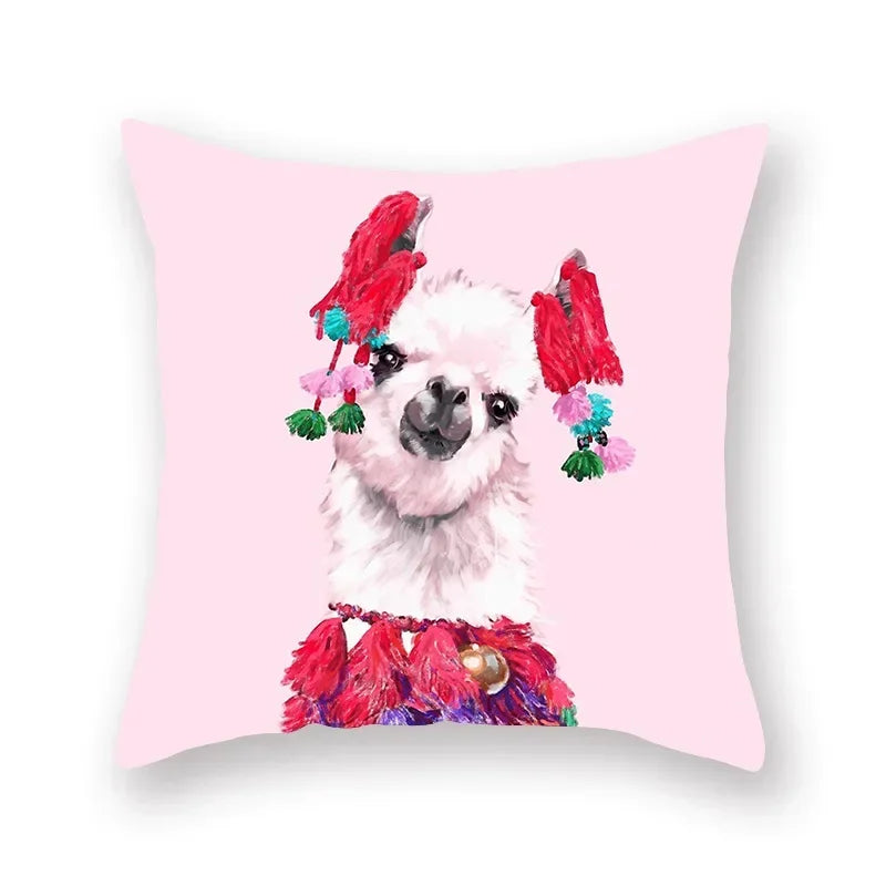 Floral Animal Painting Pillowcase Pink Cat Dog Llama Sofa Cushion Cover Home Decor