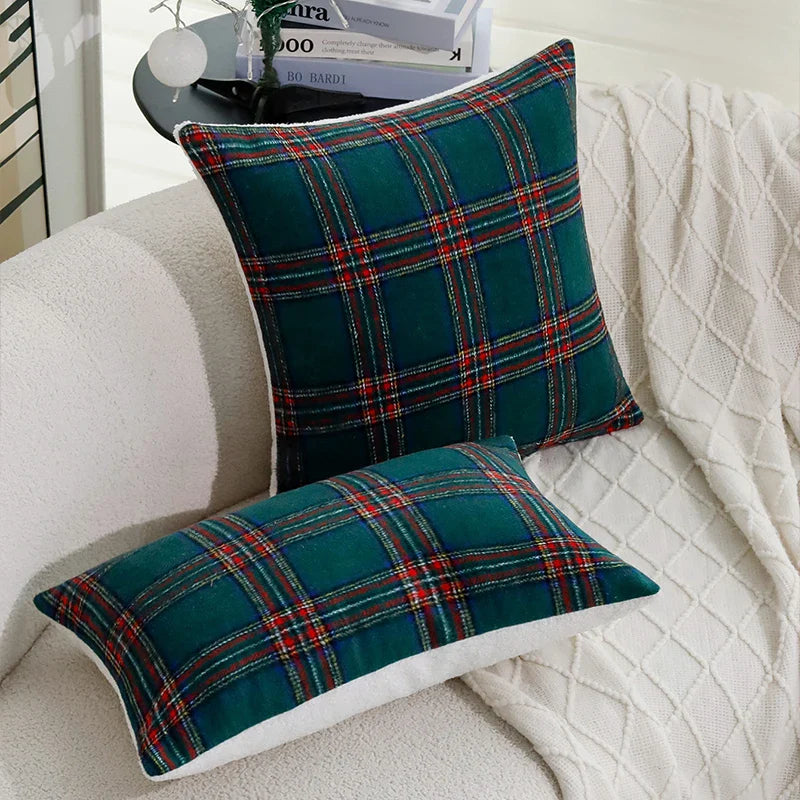Axyaa Retro Green Plaid Cushion Cover - 45x45cm Christmas Theme
