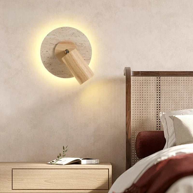 Axyaa Wabi Sabi LED Wall Lamp Yellow Travertine Wood Lampshade, Bathroom Mirror Light