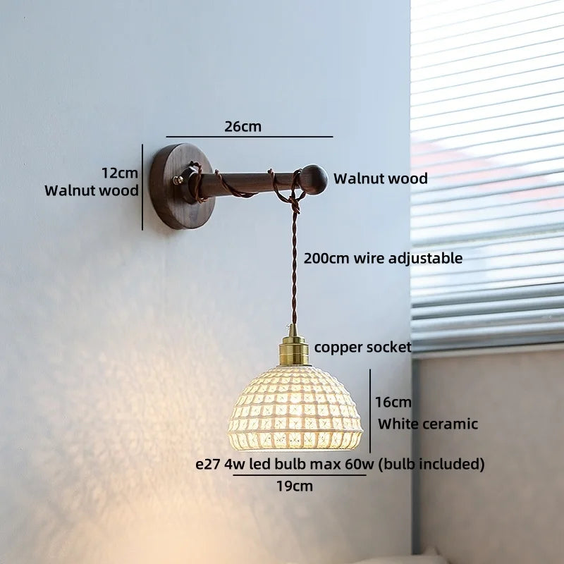 Axyaa White Ceramic LED Wall Lamps with Black Walnut Wood Pull Chain Switch