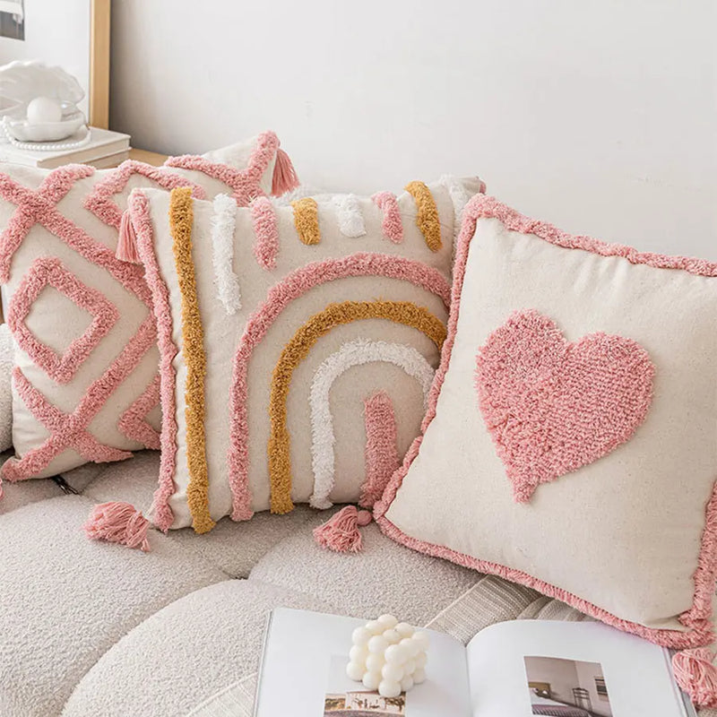 Axyaa Pink Cotton Tufted Pillow Cover with Tassels - Chic Boho Style