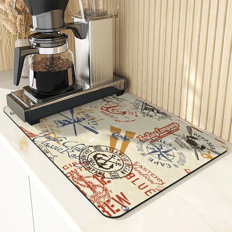 Axyaa Nautical Retro Coffee Mat - Absorbent Rubber Backed Drying Mat