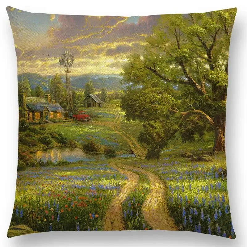 Axyaa Castle Lighthouse Scenery Painting Cushion Cover - Sofa Pillowcase