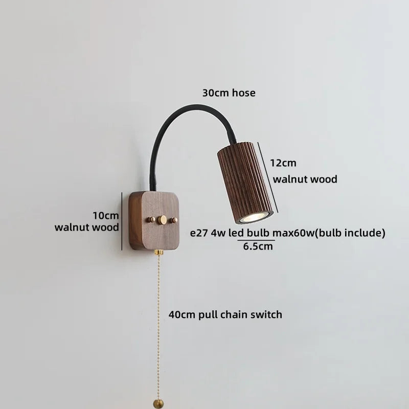 Axyaa Walnut Wood LED Wall Lamp 30cm Black Hose, Modern Nordic Design