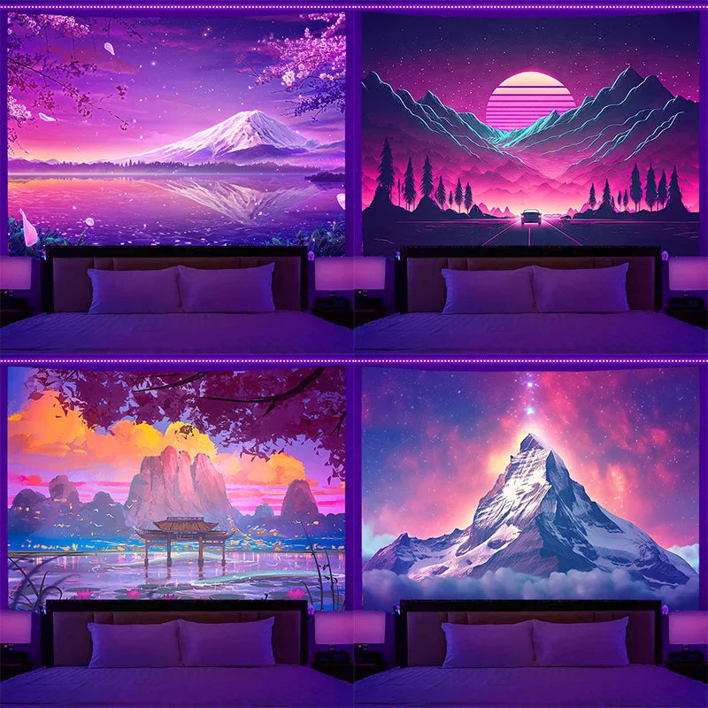 Axyaa Starry Sky Mountain Cherry Blossom Wall Hanging for Aesthetic Bedroom Decor