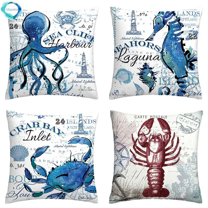 Axyaa Blue Marine Organism Pattern Polyester Cushion Cover for Home Sofa