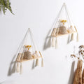 Axyaa Wood Bead Macrame Leaf Wall Shelf Set - Boho Nordic Home Decor Display