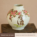 Axyaa Rose Hydroponic Ceramic Vase with Hand-Painted Cat, Living Room Decor