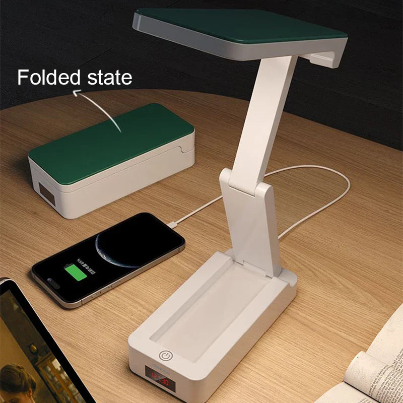 Axya Foldable LED Desk Lamp with Clock and USB Charging, Energy Saving Reading Light