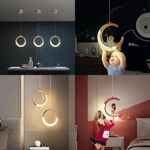 Axyaa Modern LED Pendant Lights Moon Ring Acrylic Alloy Indoor Ceiling and Wall Lamps for Home Decor