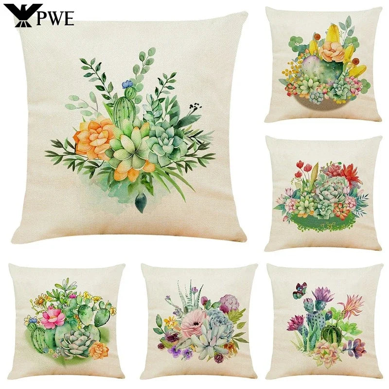 Axyaa Cactus Plant Pattern Linen Pillowcase - Home Decor Sofa Pillow 45*45cm