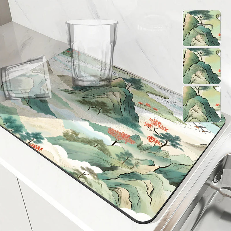 Axyaa Natural Scenery Square Dry Mat - Anti-slip & Absorbent Coffee Tablewear and Dish Drainer