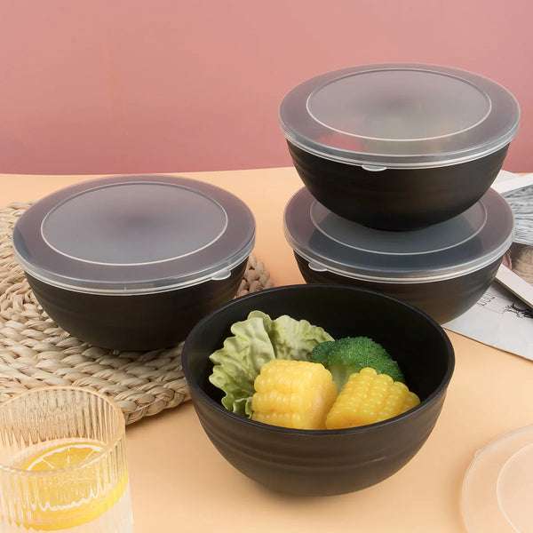 Axyaa Black Plastic Bowl Set with Reusable Lids for Home Kitchen and On-the-Go