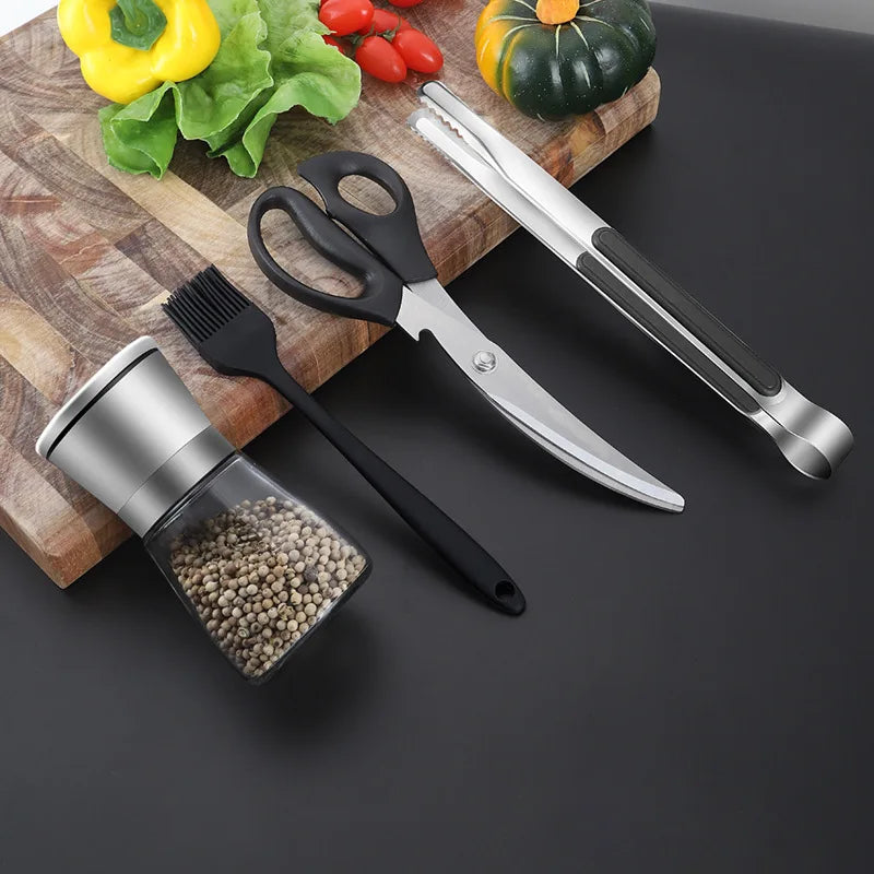 Axyaa 4-Piece Korean BBQ Scissors Set with Seasoning Bottle and Grinder