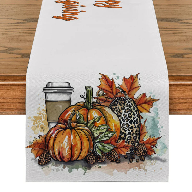 Axyaa Thanksgiving Pumpkin Coffee Leaves Table Runner