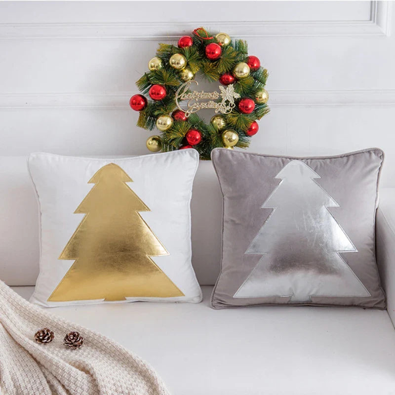 Grey Deer Christmas Tree Embroidered Cushion Cover by Axyaa – Cozy Living Room Decor