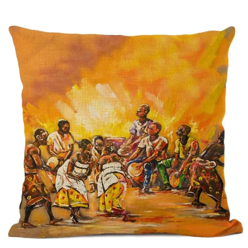African Tribal Life Oil Painting Decorative Cushion Cover for Axyaa Branded Linen Pillowcase