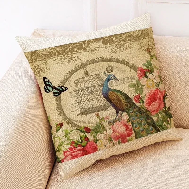 Axyaa Retro Flower Bird Linen Pillowcase Car Seat Cushion Cover Living Room Sofa