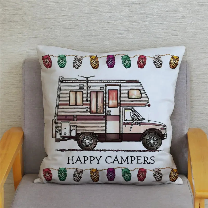 Happy Campers Owl Motorhome Print Pillow Case by Axyaa
