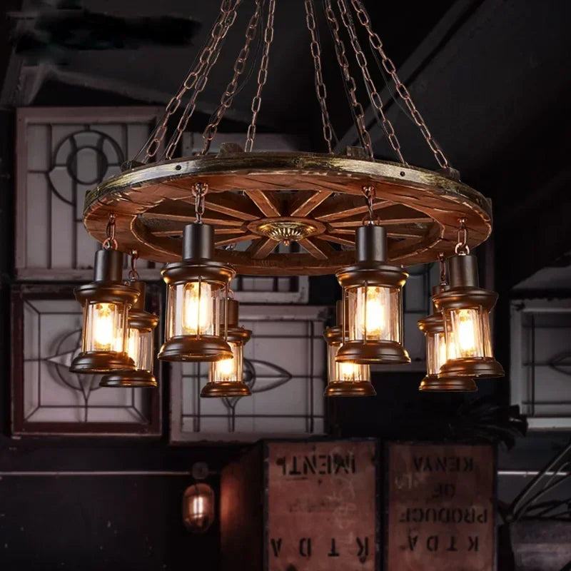 Axyaa Iron LED Wheel Pendant Lights - Industrial Metallic Lustre Hanging Lamps