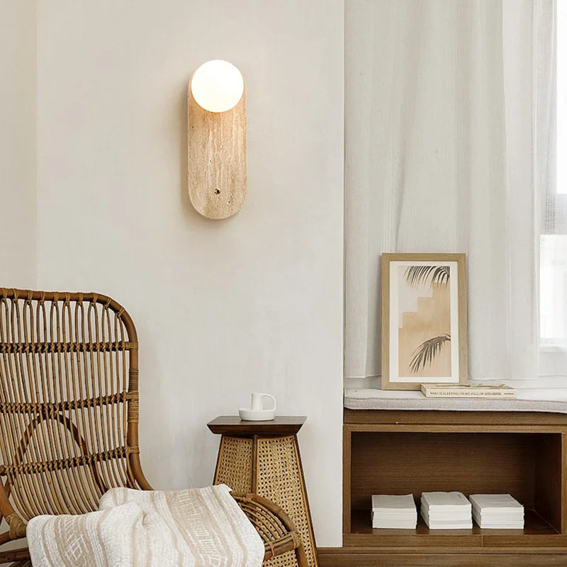 Axyaa Round Natural Stone Art Wall Lamp Cream Sconce Bedside Decor