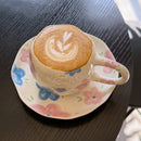 Axyaa Ceramic Coffee Cups & Saucers Set, Hand-Kneaded Flower Design Mug, Ideal for Afternoon Tea