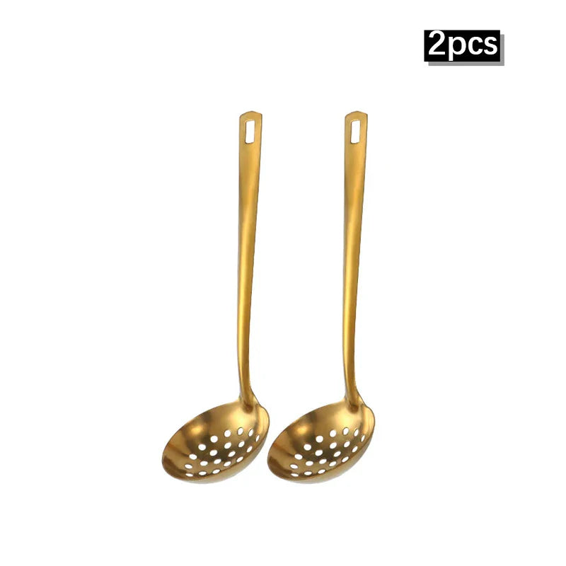 Axyaa 6pcs Korean Stainless Steel Kitchenware Set - Golden Soup Spoon, Colander, Hot Pot Spoon