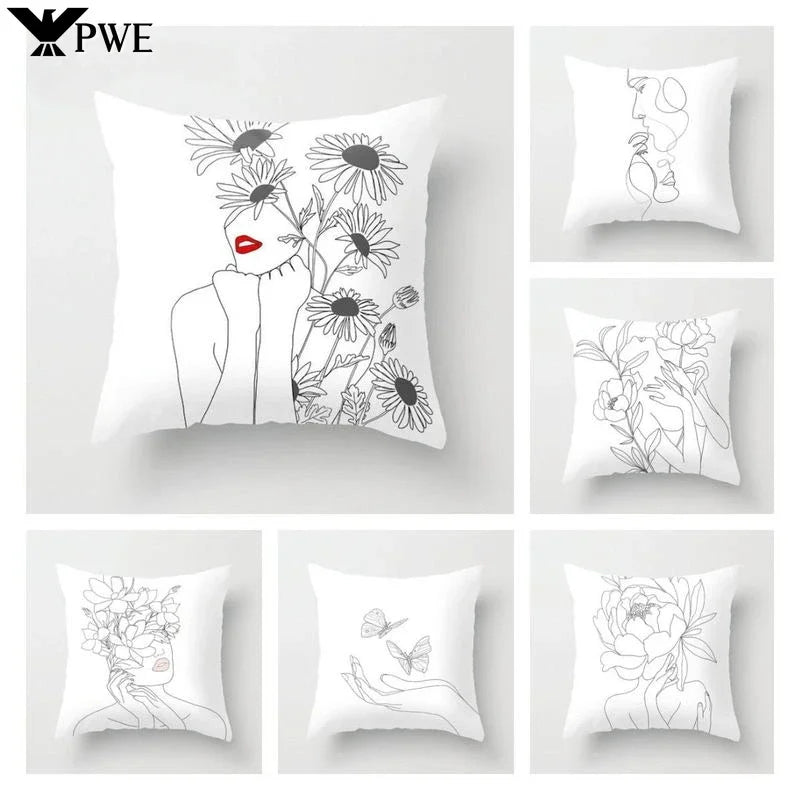 Minimalist White Pillow Cover - Axyaa Portrait Sketch Nordic Cushion
