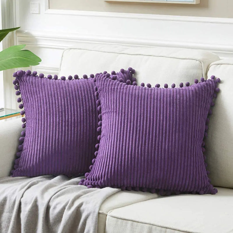 Axyaa Velvet Pillow Covers with Pom-poms - Orange Fall Decor for Sofa