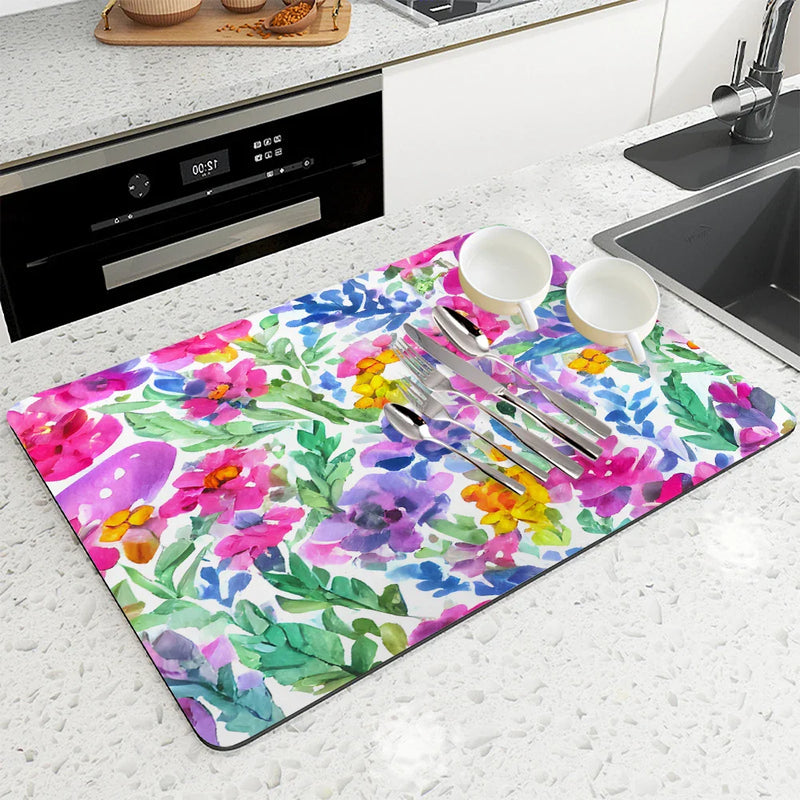 Axyaa Watercolor Plants Coffee Cup Drying Mat, Non-Slip Absorbent Kitchen Drain Mat