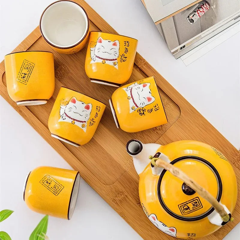 Axya Lucky Cat Ceramic Tea Set with Wooden Tray and Tea Cups
