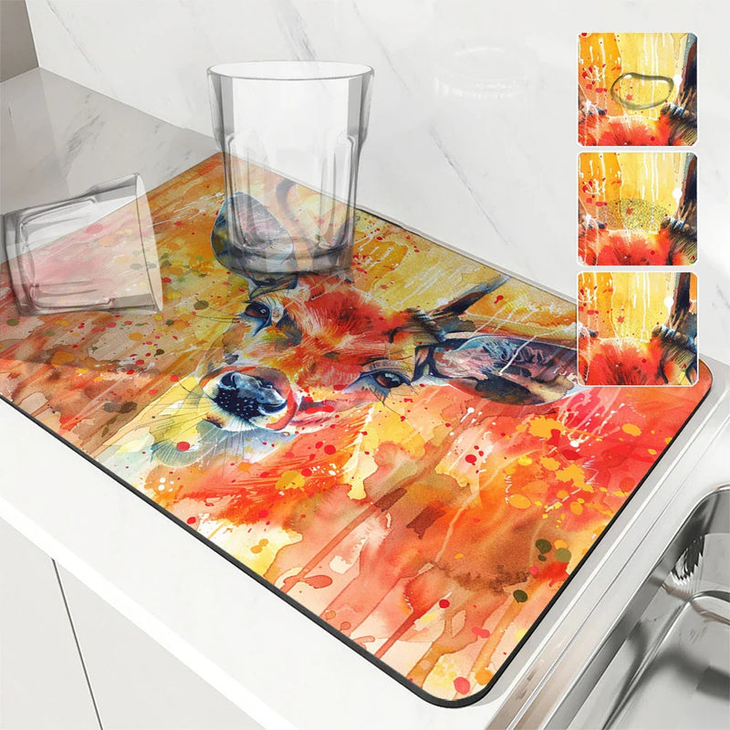 Axyaa Animal Painting Effect Kitchen Drying Mat, Non-Slip Tableware Pad