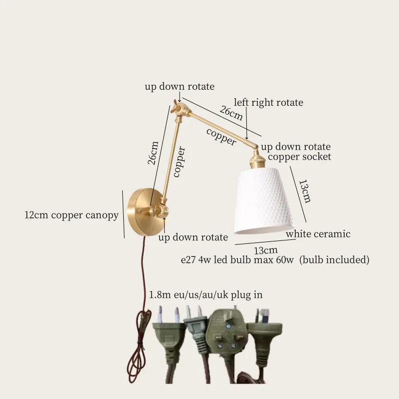 Axyaa Ceramic LED Wall Lamp Pull Chain Switch Nordic Copper Wandlamp