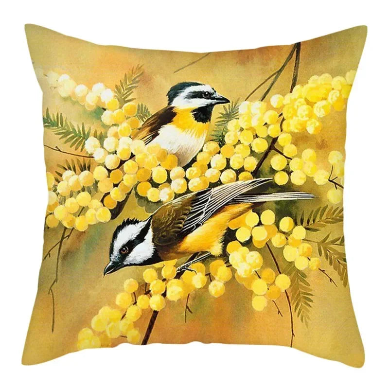 Axyaa Bird and Flower Printed Pillow Cover 45x45cm for Home Sofa Decor