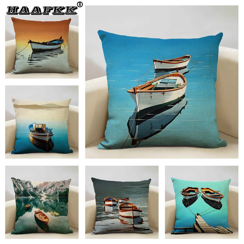 Axyaa Boat Pattern Linen Cushion Cover for Home Sofa Decor