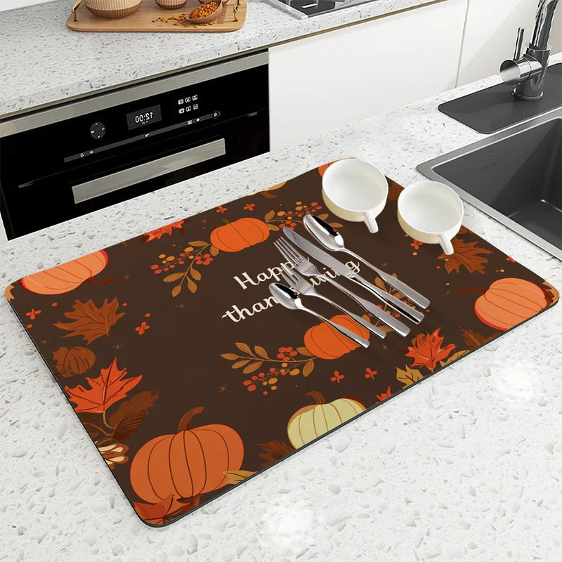 Thanksgiving Drying Mat by Axyaa: Absorbent Placemat for Table Cup Drying - Anti-Slip Décor Accessory