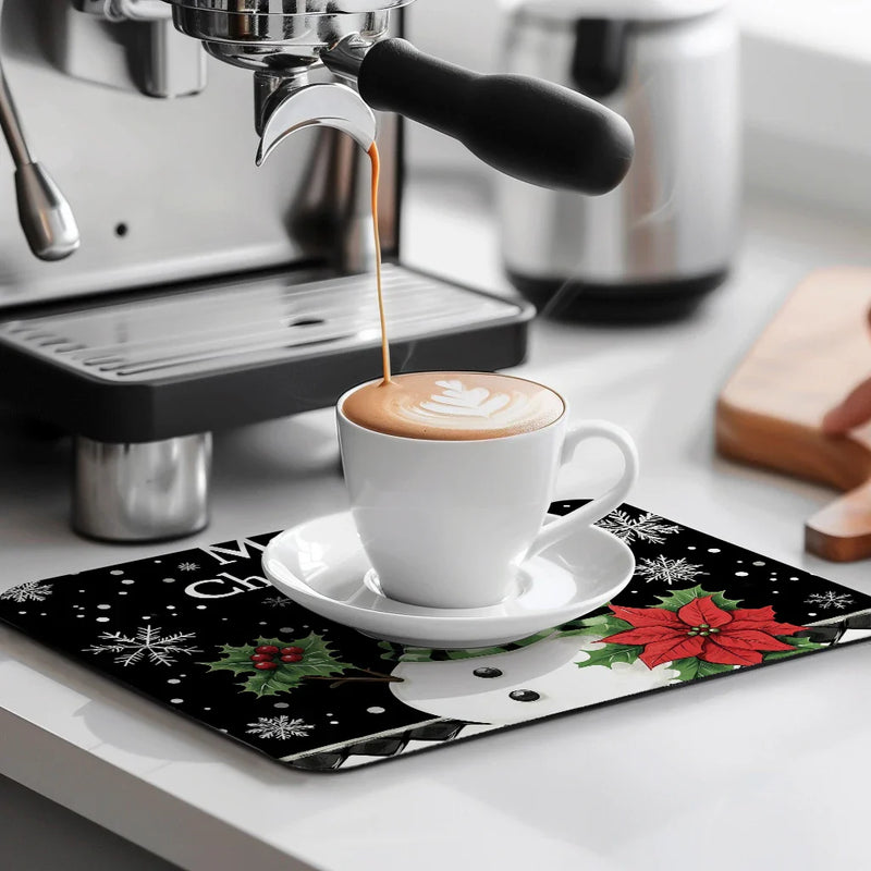 Axyaa Christmas Holly Coffee Cup Mat - Non-slip Absorbent Diatoms Drain Mat for Kitchen