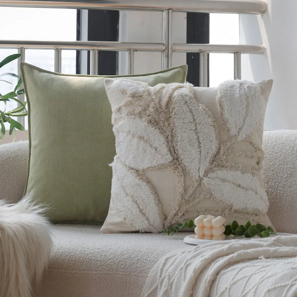Axyaa Leaves Tufted Cushion Cover - Mori Style Home Decor Pillowcase