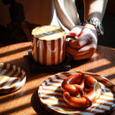 Axyaa Hand-Drawn Green Stripe Ceramic Coffee Cup with Breakfast Plate - Creative Tea Mug