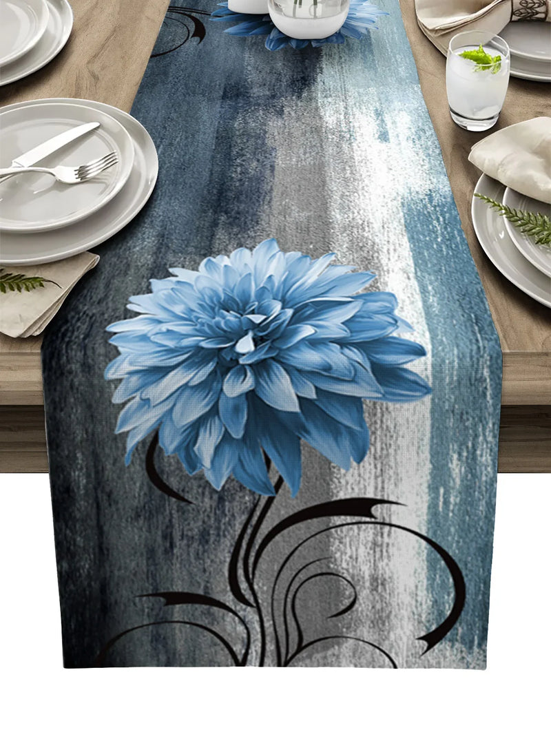 Axyaa Blue Dahlia Oil Painting Table Runner - Home Dinner Table Decor