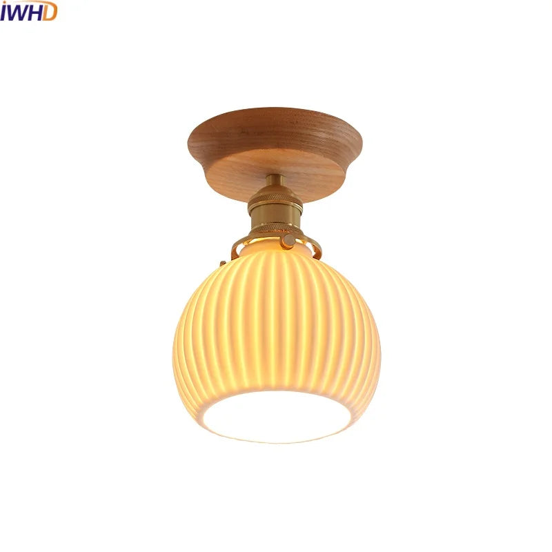 Axyaa White Ceramic LED Ceiling Light with Wood Canopy for Kitchen Living Room