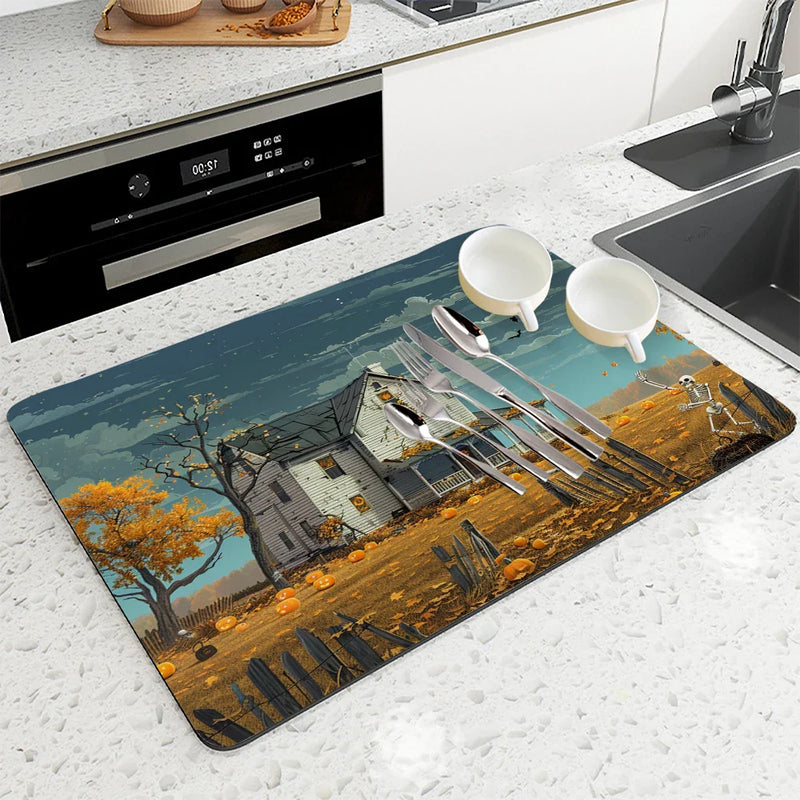 Skeleton Farmhouse Drying Mat by Axyaa: Non-Slip Absorbent Kitchen Counter Mat