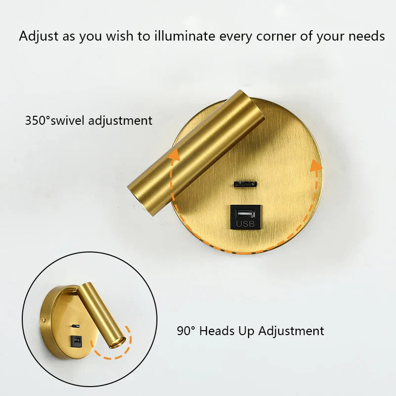 Axyaa Black Brass LED Reading Wall Lamp Brightens Hotel Bedside with Adjustable Rotatable Head